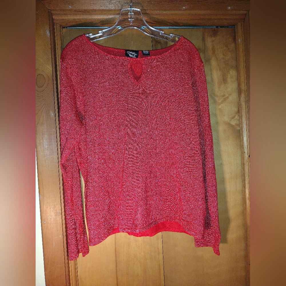 Christina Rotelli Red Sparkly Glittery Long Sleeve Top with Keyhole Front Size L